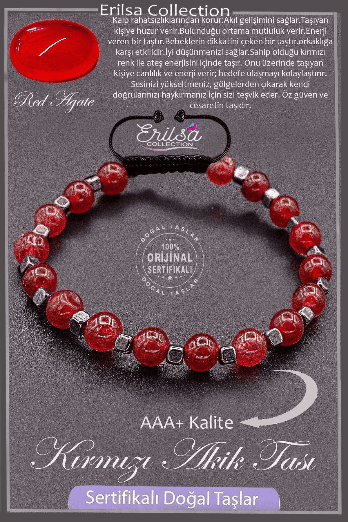 Sertifikalı AAA+ Kalite Gerçek Terahertz - Bayrak Kırmızı Akik Taşı Bileklik