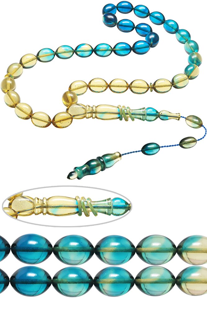 Sertifikalı Sistemli Halkalı Mavi Şeffaf Renk Geçişli Ateş Kehribar Tesbih