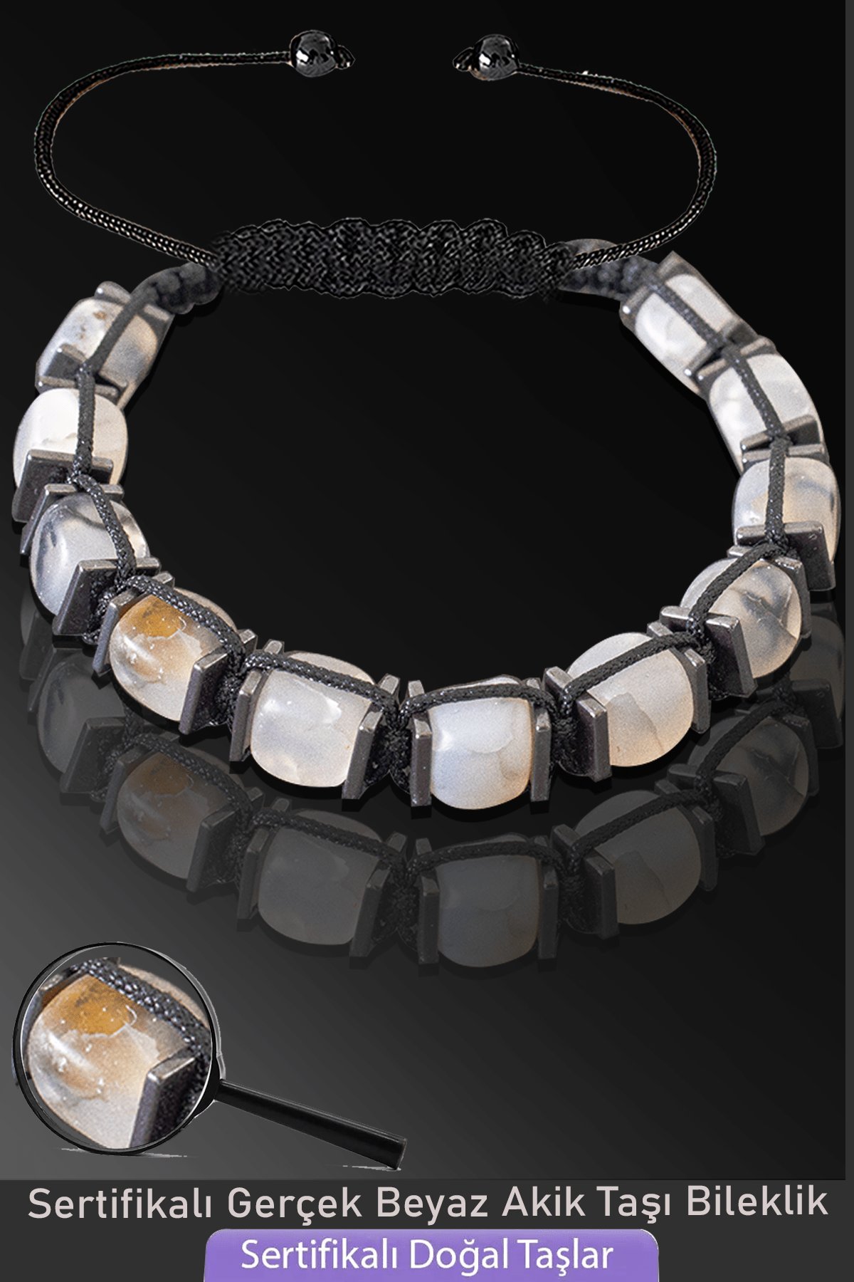 Sertifikalı Küp Model Doğal Beyaz Akik Taşı Bileklik - Ayarlamalı