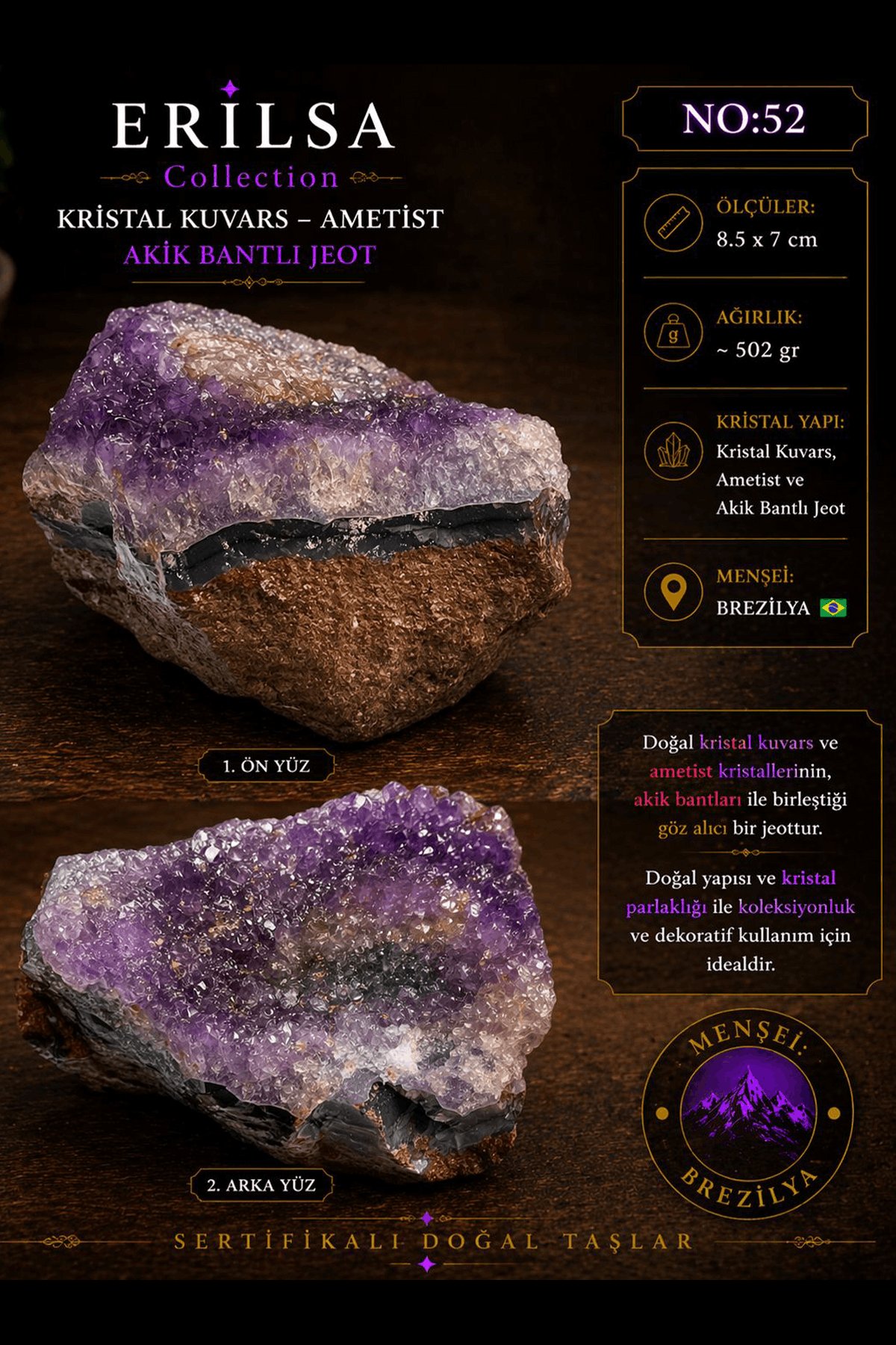 Sertifikalı Kristal Kuvars Ametist Akik Bantlı Jeot İri Kristalli Doğal Taş NO52