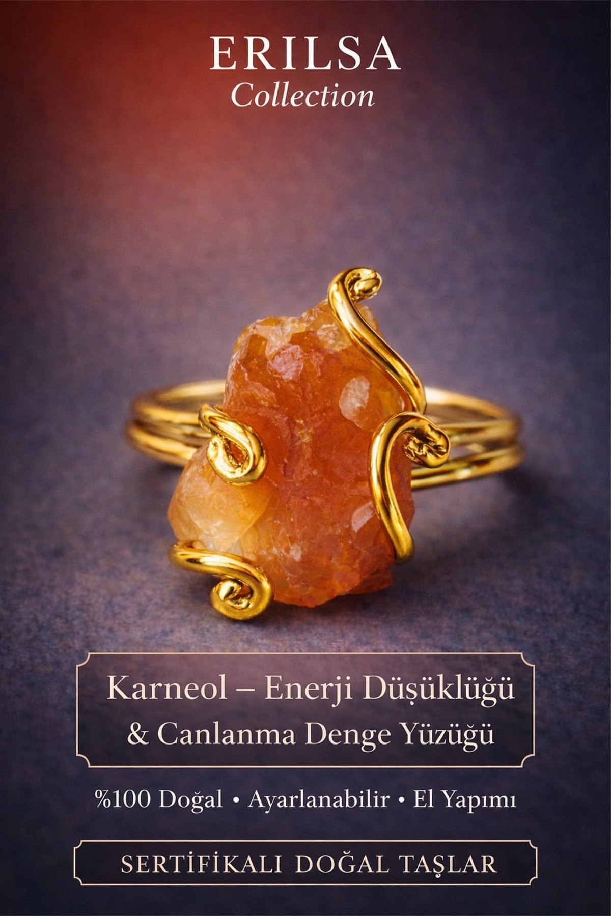 Sertifikalı Enerji Düşüklüğü Canlanma Motivasyon Denge Yüzüğü – Ham Karneol Taşı – Ayarlamalı