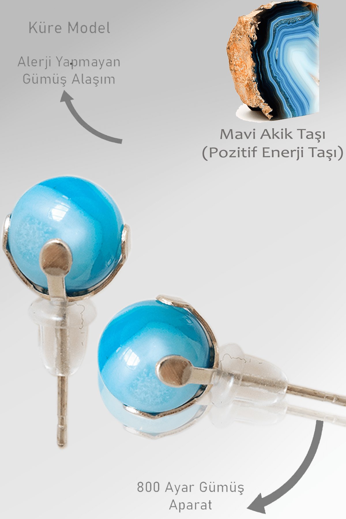 Sertifikalı Gerçek Damarlı Mavi Akik Taşı Nokta Doğal Taş Küpe