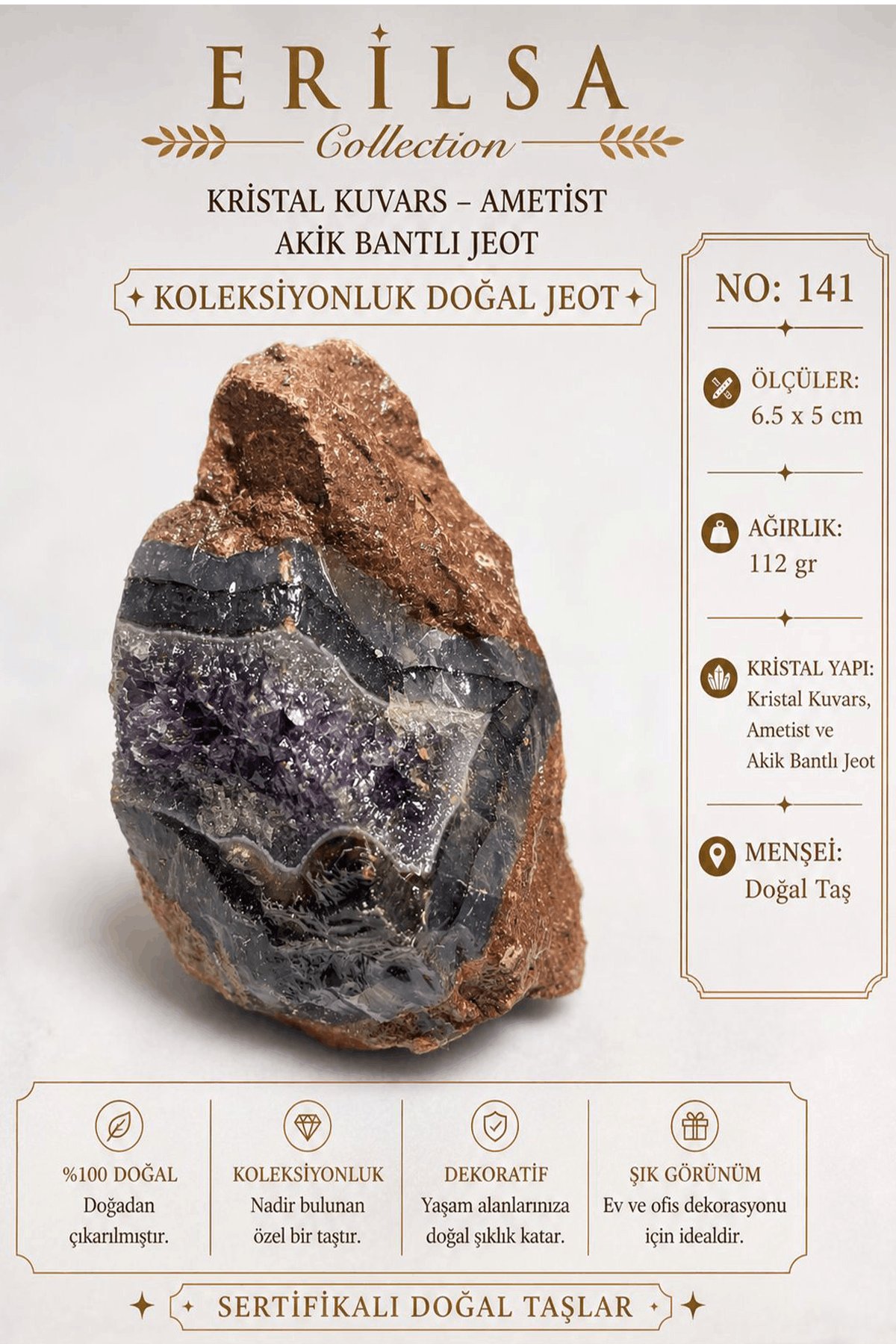 Sertifikalı Kristal Kuvars Ametist Akik Bantlı Jeot Koleksiyonluk Doğal Taş Dekoratif Obje NO 141