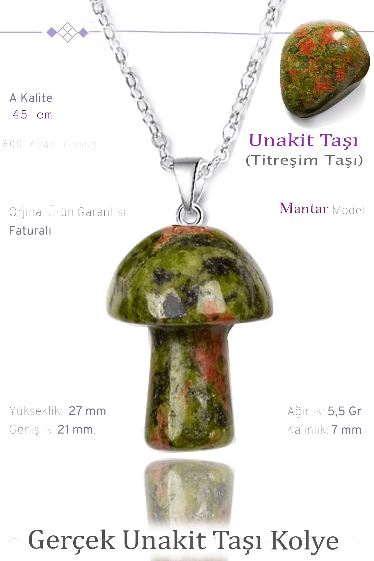 Sertifikalı Mantar Model Unakit Taşı Kolye - Gümüş Aparatlı