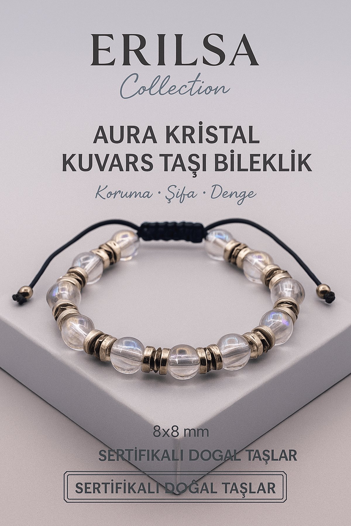 Sertifikalı Kristal Kuvars Doğal Taş Bileklik - 8x8 mm Berraklık Huzur ve Denge Enerjisi Taşı