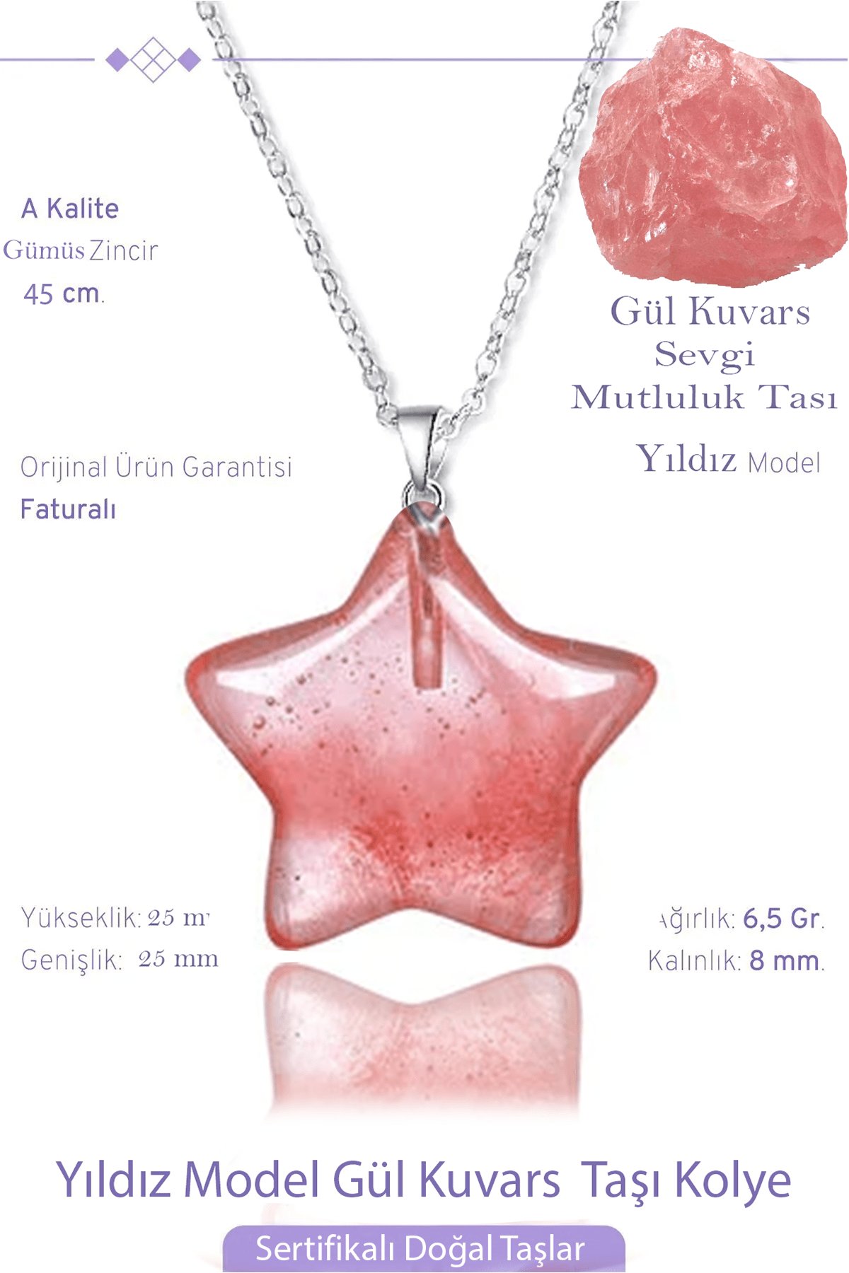 Sertifikalı Gerçek Yıldız Model Gül Kuvars Taşı Kolye - Gümüş Aparatlı