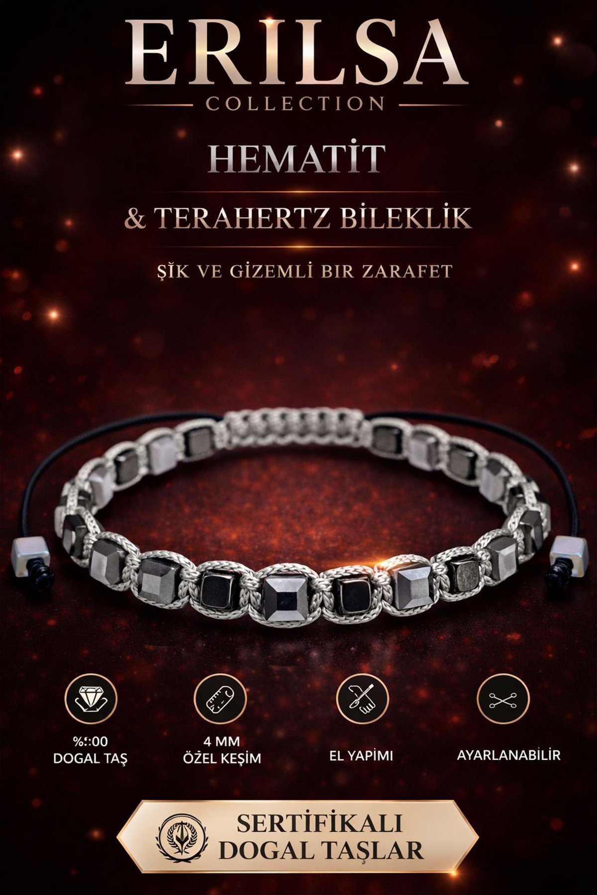 Sertifikalı Hematit Terahertz Bileklik - 4 MM Küp Kesim Doğal Taş El Yapımı Ayarlanabilir