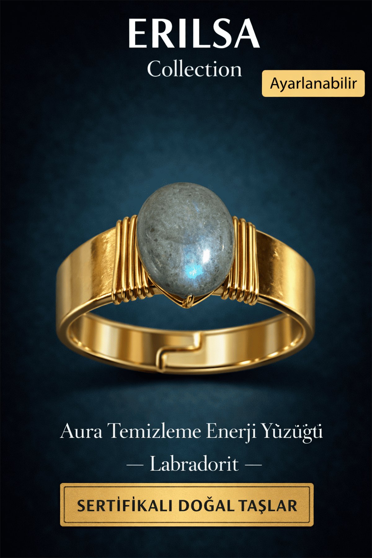 Sertifikalı Labradorit Doğal Taş Yüzük Ayarlanabilir Bakır Üzeri Altın Kaplama Aura Temizleme