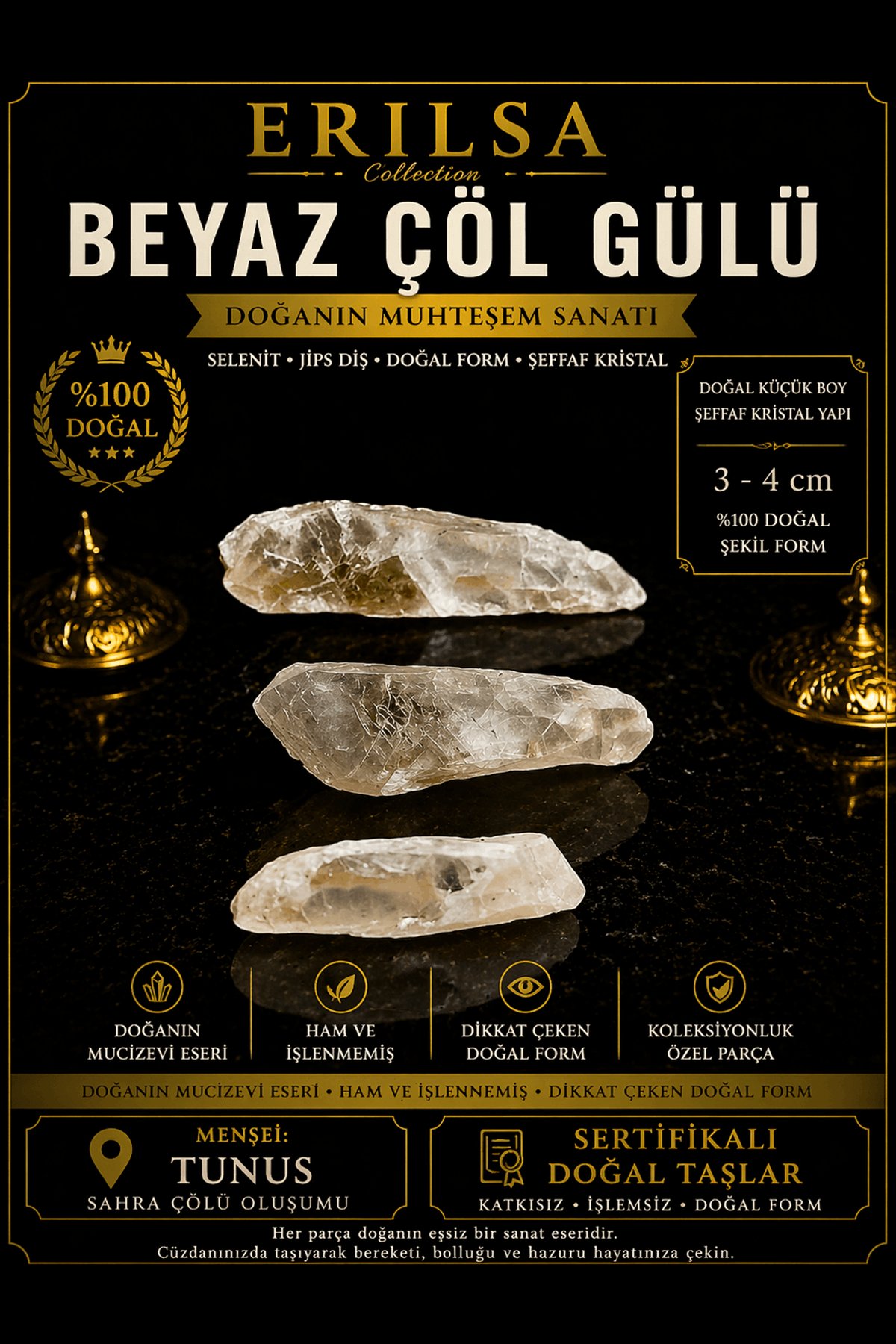 Sertifikalı Beyaz Çöl Gülü Selenit Taşı Kütle - 3-4 cm Küçük Boy Doğal Şeffaf Kristal Ham Taş