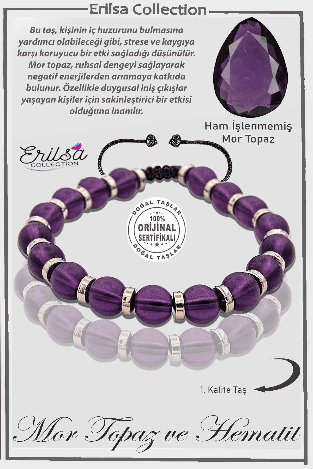 Sertifikalı Ham İşlenmemiş Hematit - Mor Topaz Taşı Bileklik