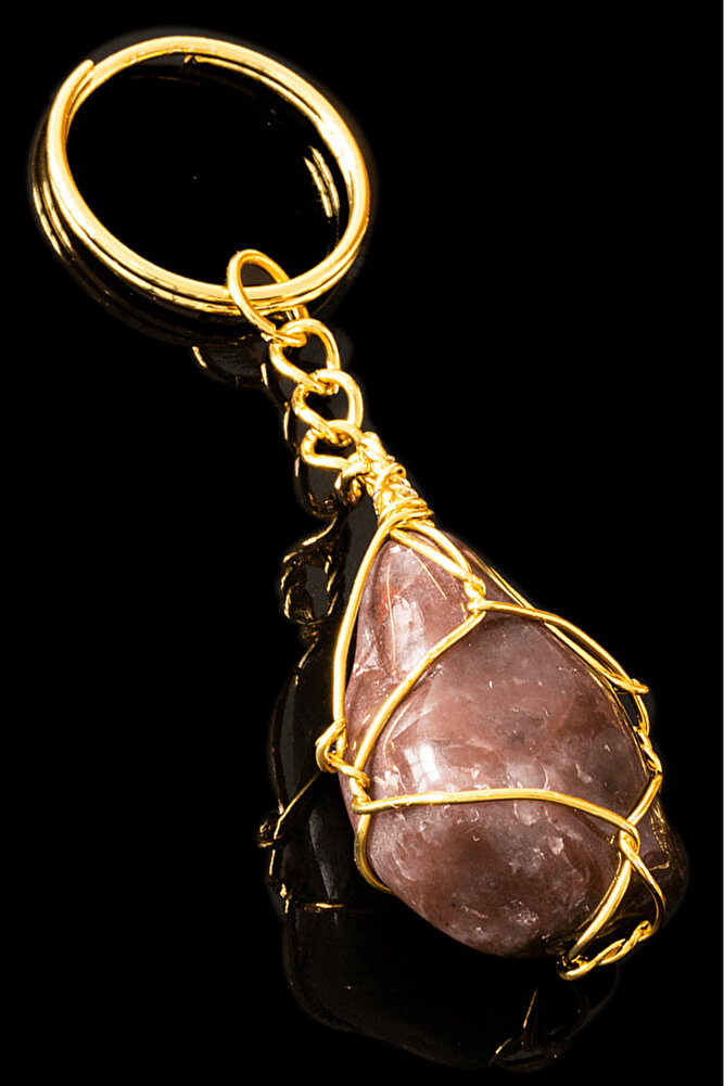 Sertifikalı Tel Sargılı Kırmızı Kalsit Taşı Anahtarlık - Altın Kaplama