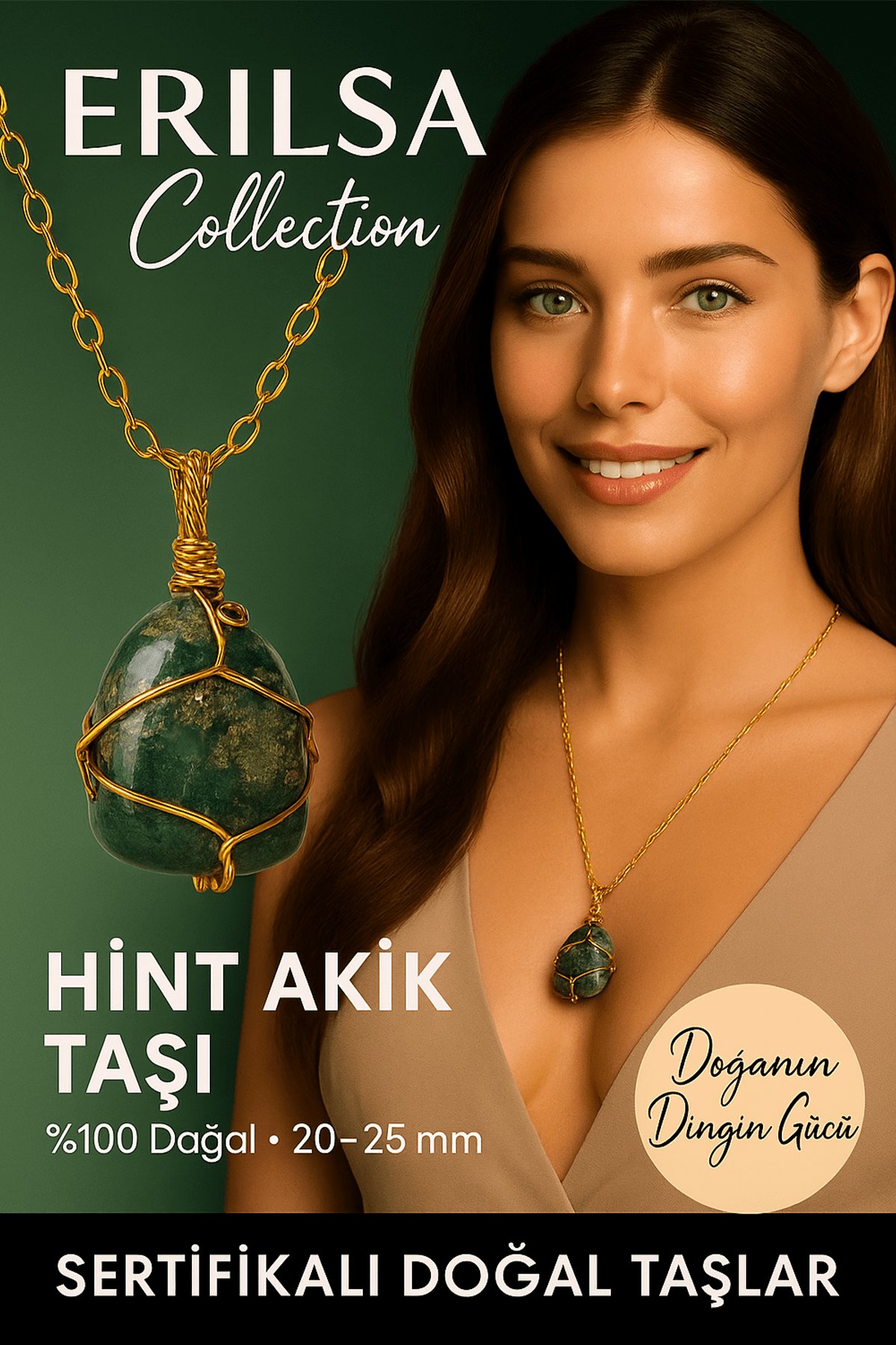 Sertifikalı Tel Sargılı Gold Renkli Doğal Hint Akik Taşı Kolye – Doğanın Dingin Gücü