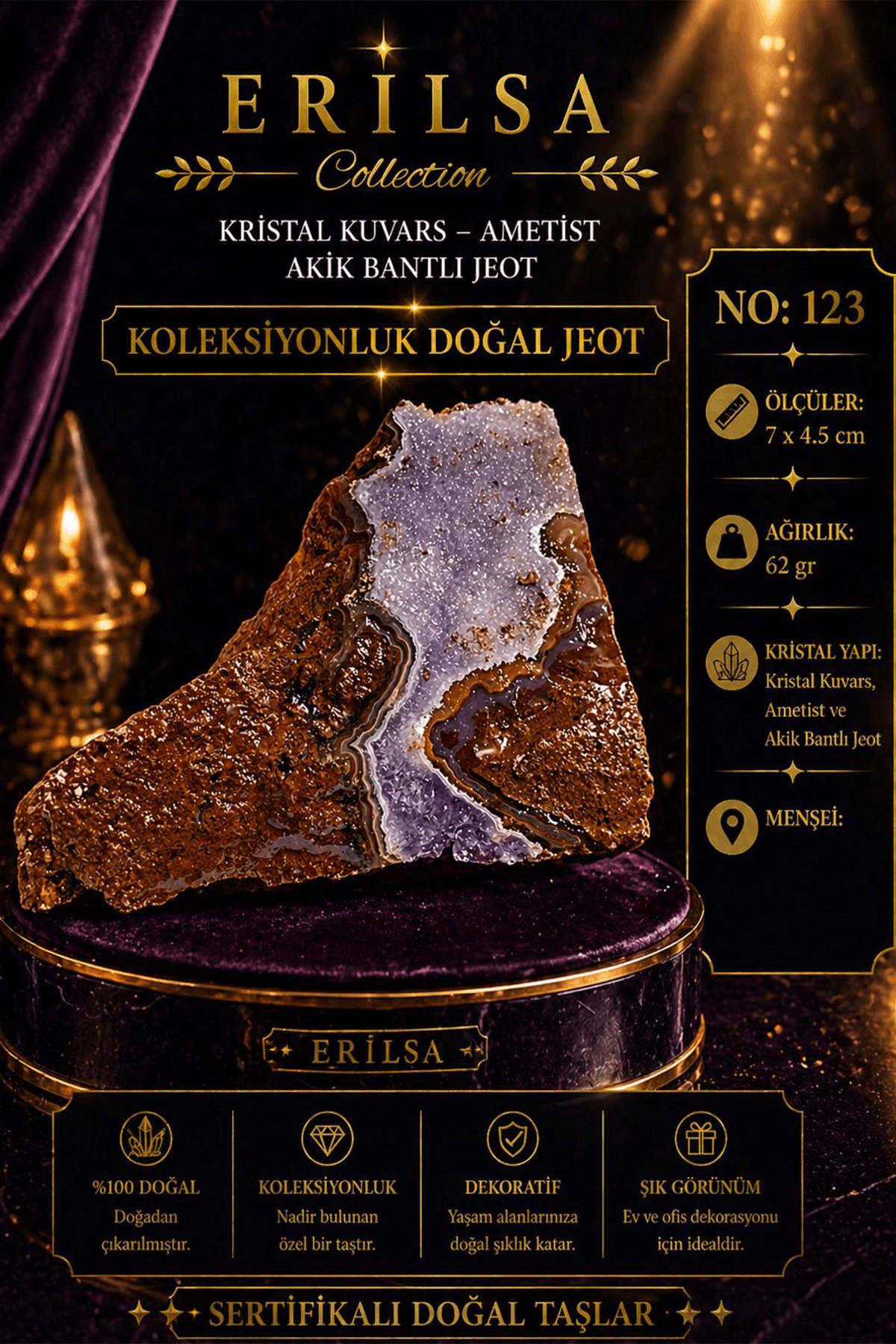 Sertifikalı Kristal Kuvars Ametist Akik Bantlı Jeot Koleksiyonluk Doğal Taş Dekoratif Obje NO123