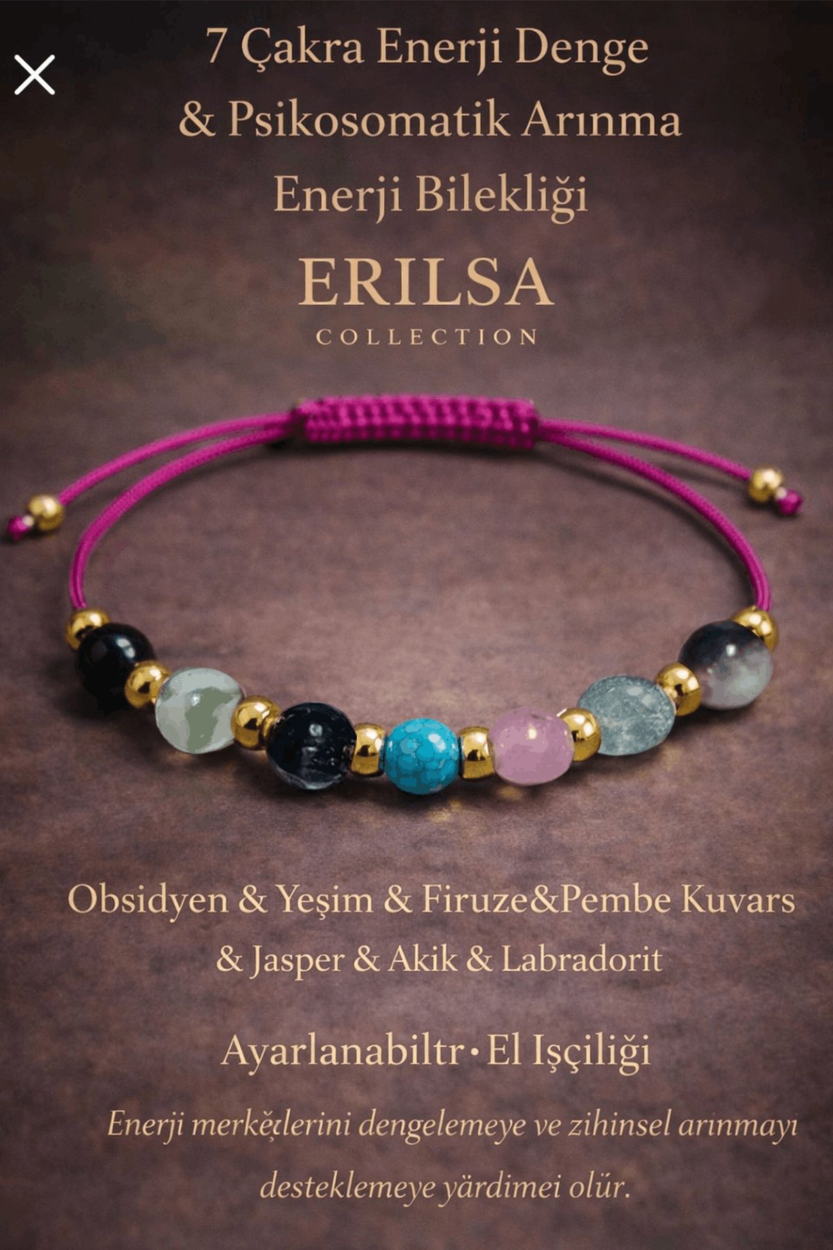 Sertifikalı Doğal Taş 7 Çakra Bileklik - Enerji Denge Bilekliği Obsidyen Yeşim Firuze Pembe Kuvars