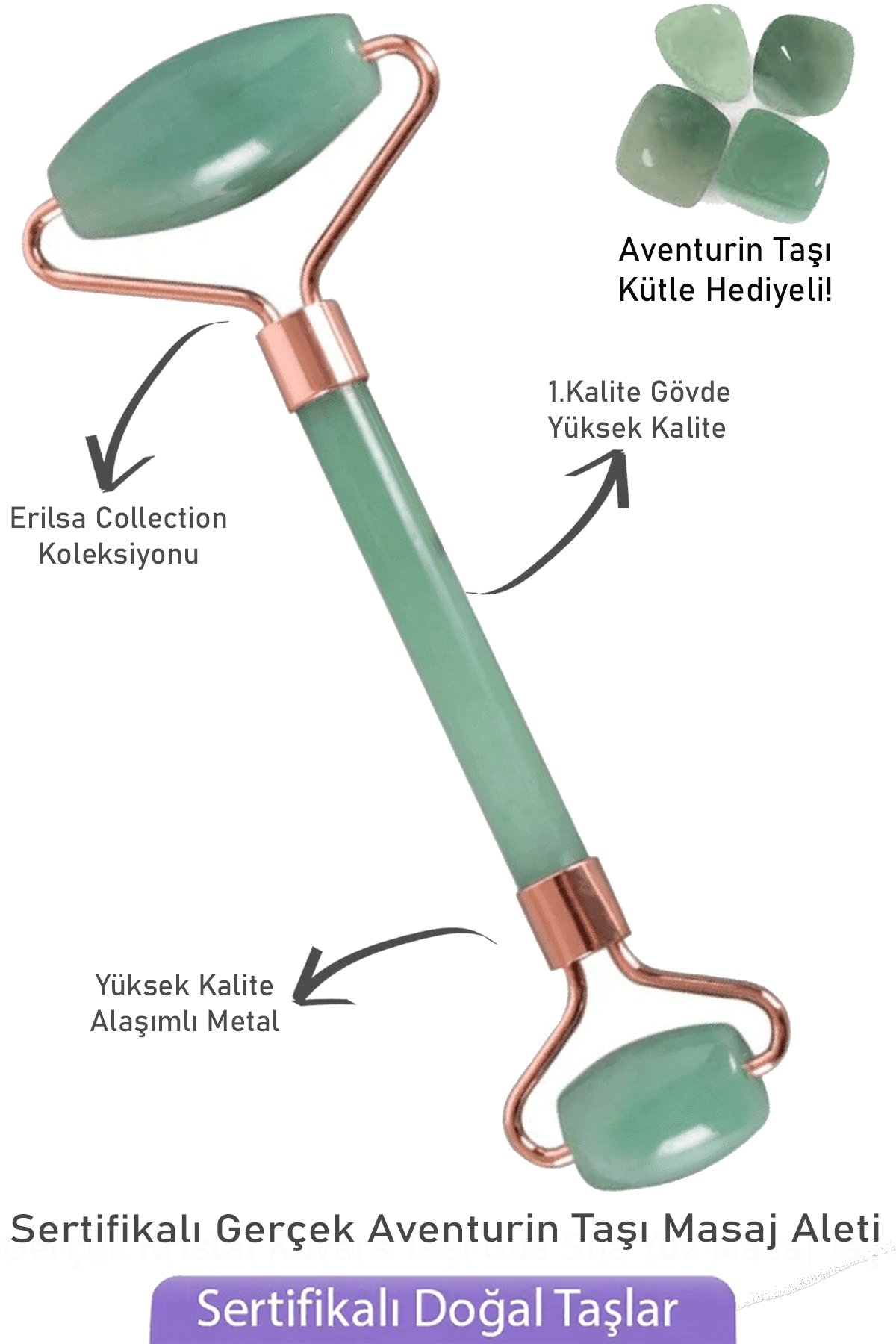 Sertifikalı Rose Aventurin Taşı Yüz Masaj Aleti - Kütle Hediyeli