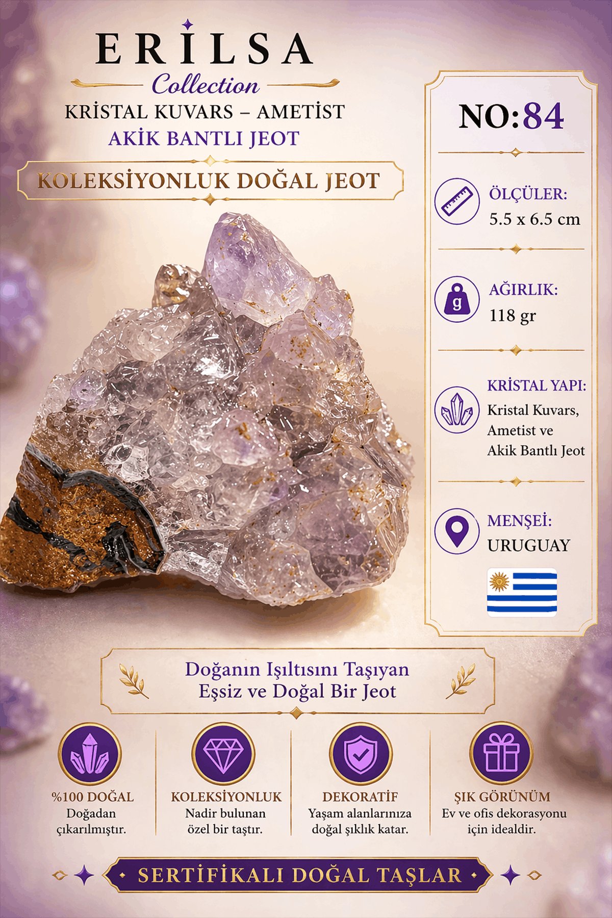 Sertifikalı Doğal Ametist Jeodu Akik Bantlı Kristal Kuvars Açık Tonlu Ham Kaya Uruguay NO84