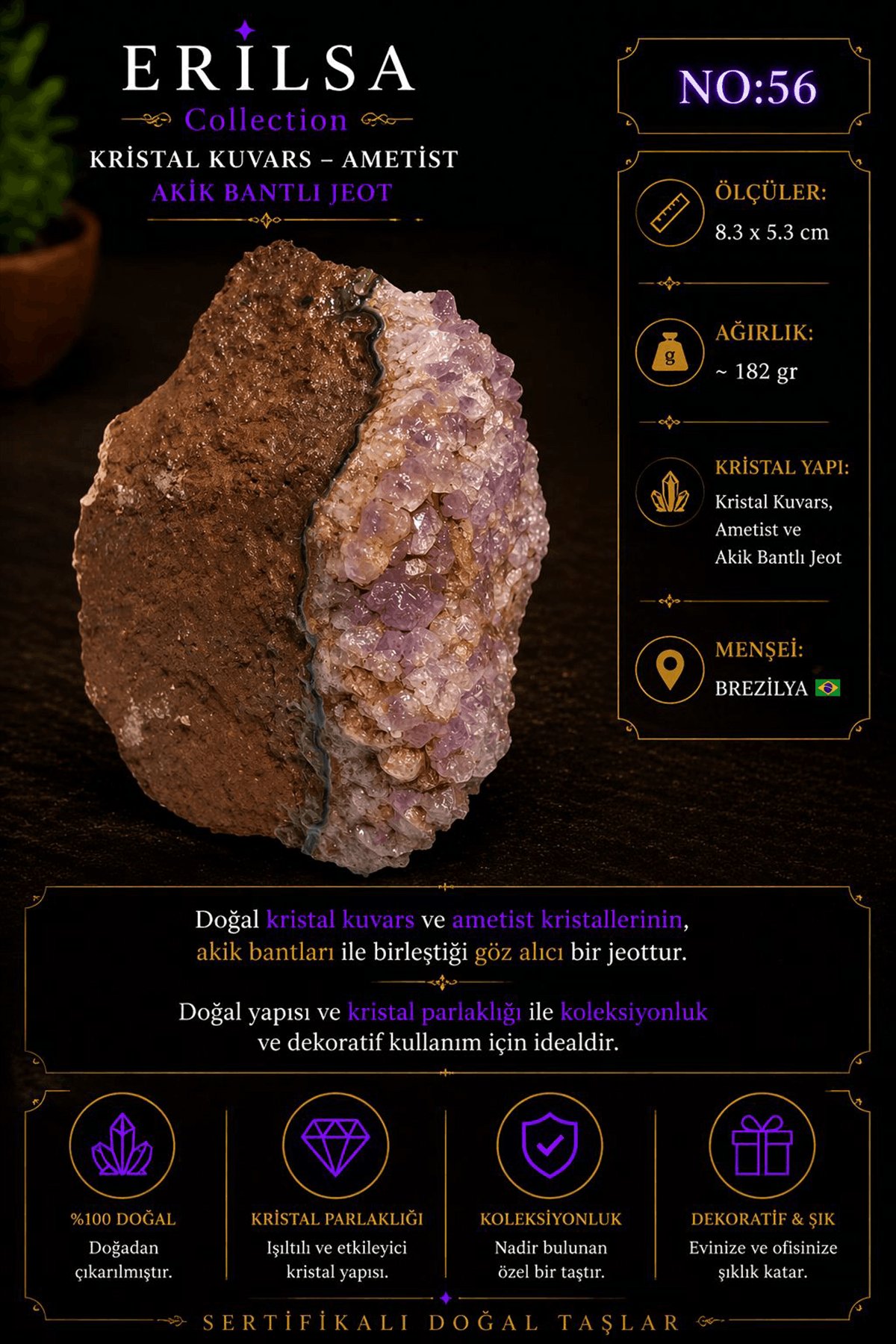 Sertifikalı Pembe Kuvars Ametist Akik Bantlı Jeot Doğal Koleksiyon Taşı NO56