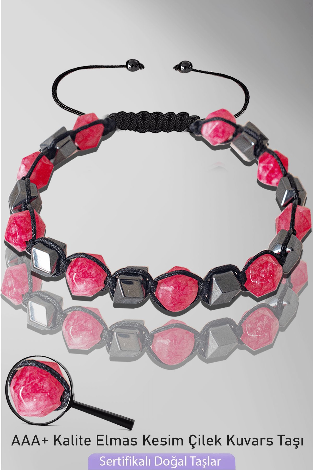 Sertifikalı AAA+ Elmas Kesim Terahertz - Çilek Kuvars Taşı Bileklik - Ayarlamalı