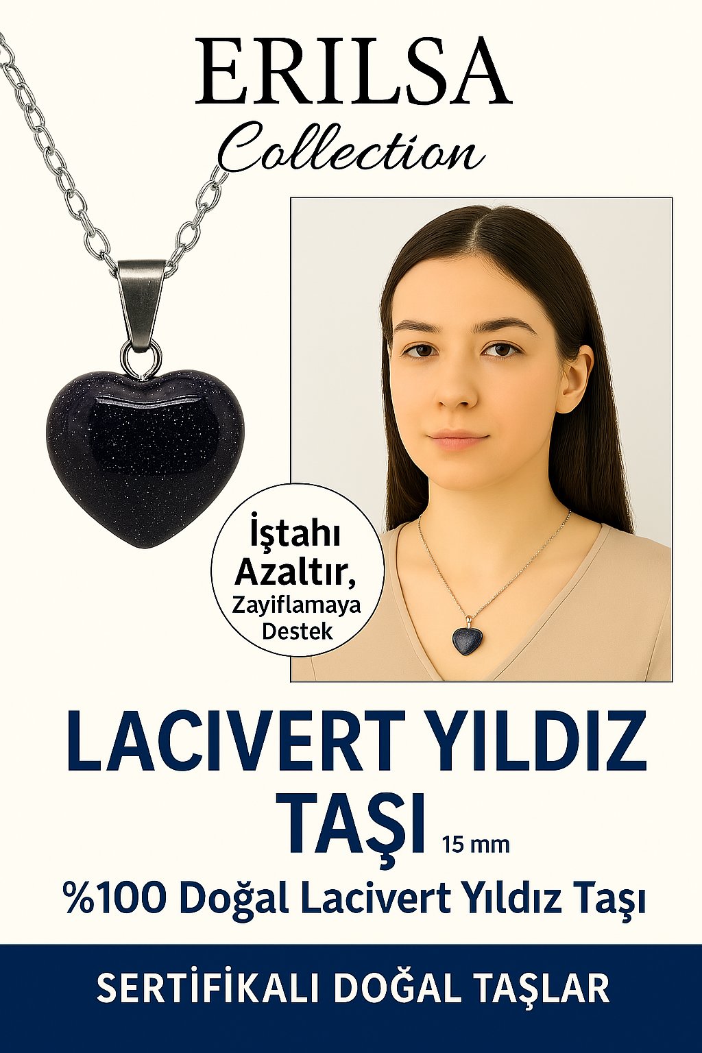 Sertifikalı Mini Kalp Model Lacivert Yıldız Taşı Kolye – Işıltı, Şans ve Ruhsal Koruma Taşı