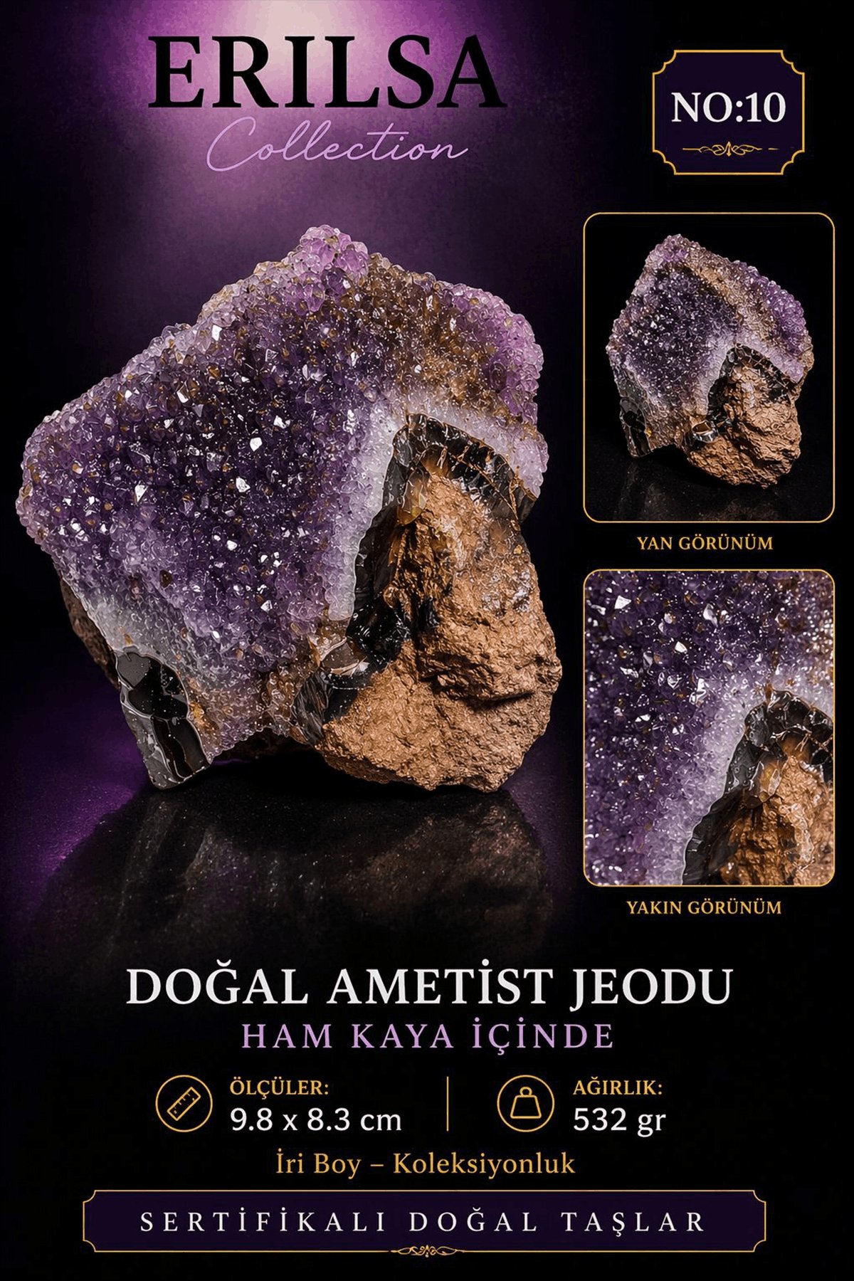 Sertifikalı Doğal Ametist Jeodu Taşı Kütle Büyük Boy Kristal Küme Ham Kaya Dekoratif Koleksiyonluk