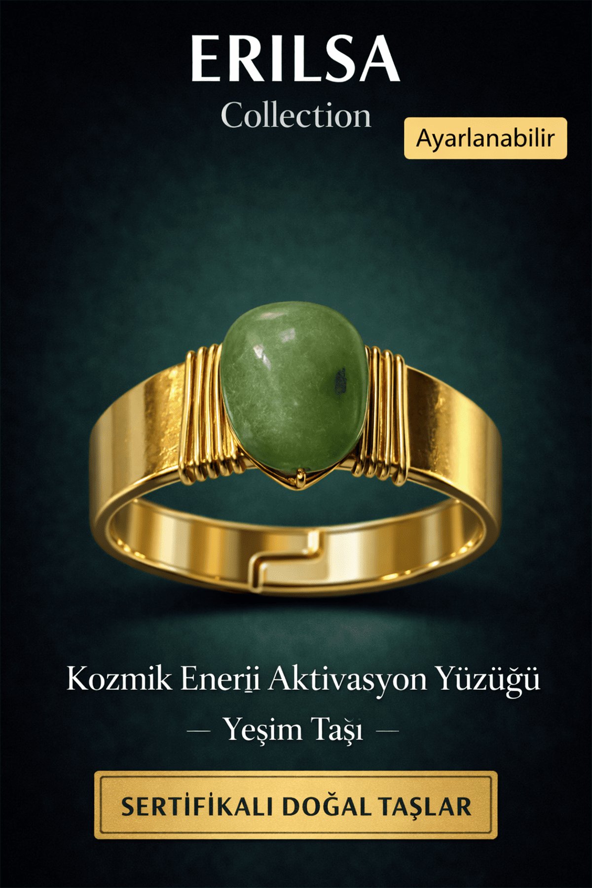 Sertifikalı Yeşim Taşı Doğal Taş Yüzük Ayarlanabilir - Bakır Üzeri Altın Kaplama Şans Yüzüğü