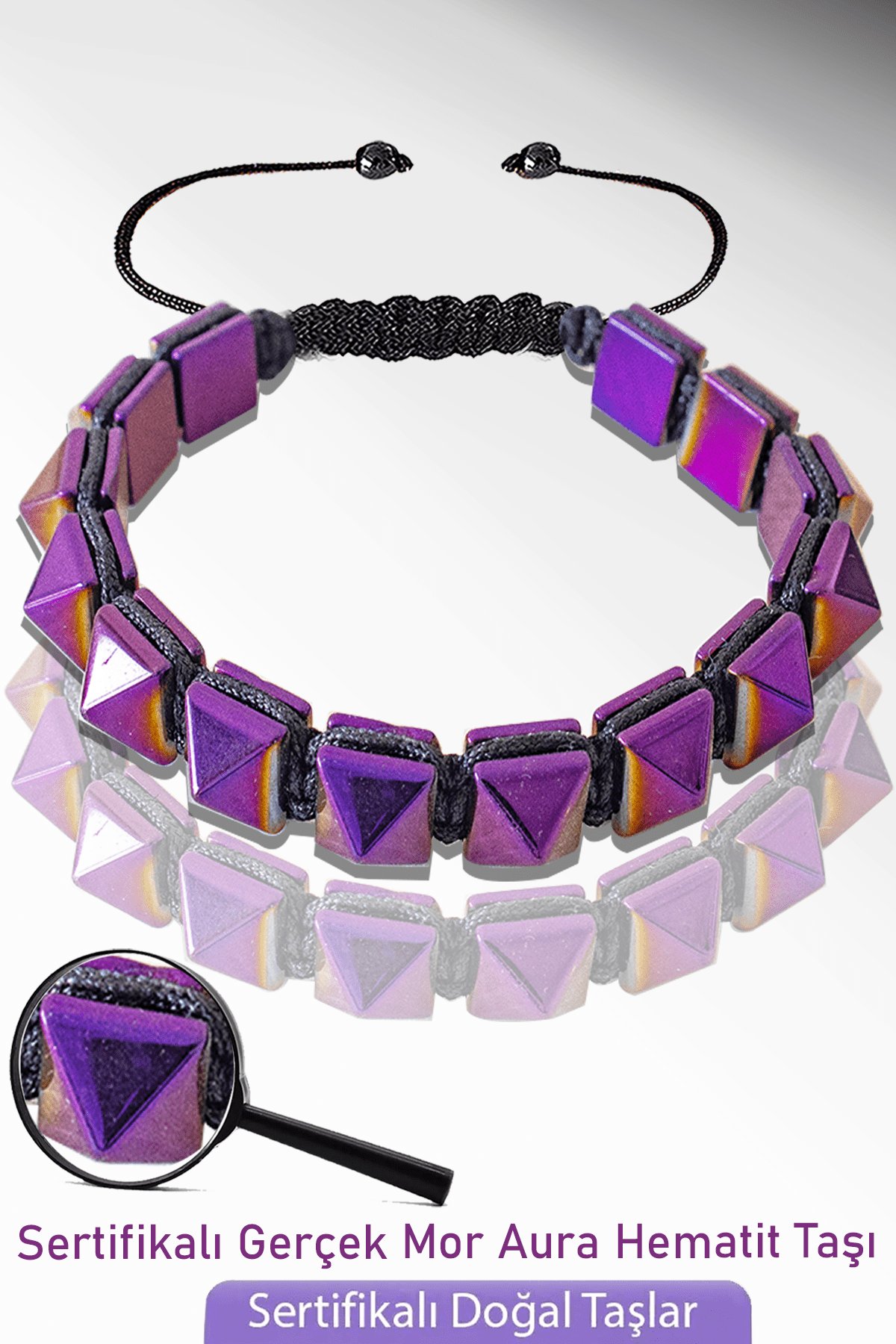 Sertifikalı Elmas Kesim Gerçek Mor Aura Hematit Taşı Bileklik - Ayarlamalı