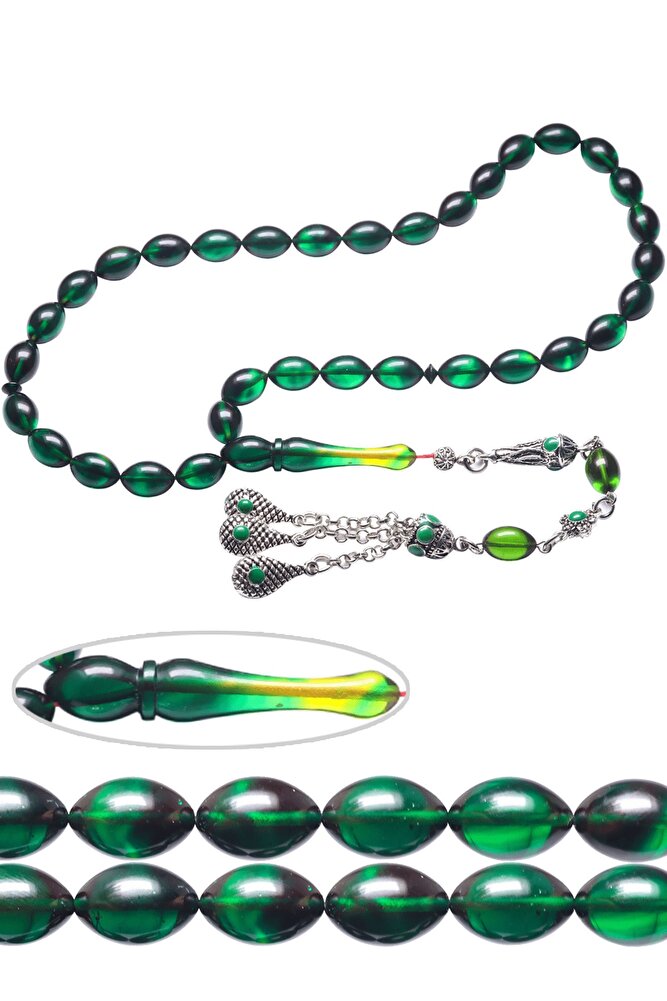 Sertifikalı Siyah Yeşil Renkli Halep Püskül Ateş Kehribar Tesbih