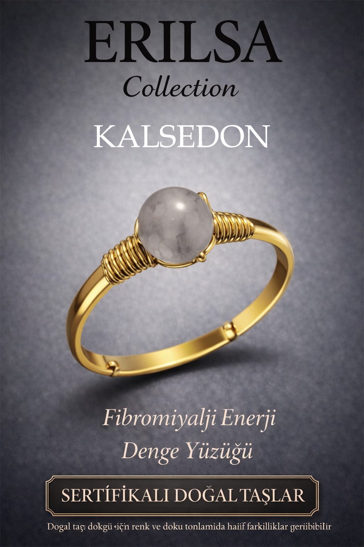 Sertifikalı Fibromiyalji Enerji Denge Yüzüğü – Kalsedon Taşı Ayarlamalı Gold İnce  Balık Kova Burcu