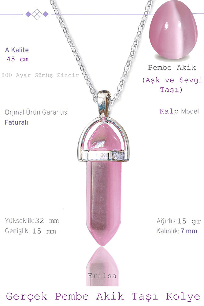 Sertifikalı Çivi Model Pembe Akik Taşı Kolye (1.Kalite)