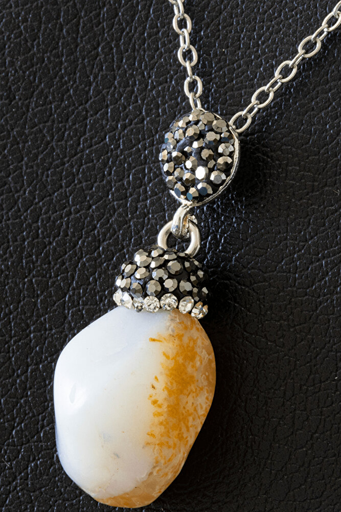 Sertifikalı Zirkon Taşlı Ham Beyaz - Sarı Akik Taşı Kolye