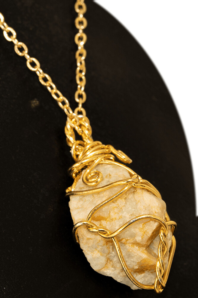 Sertifikalı Ham Işlenmemiş Tel Sargılı Amazonit Taşı Kolye - Altın Kaplama