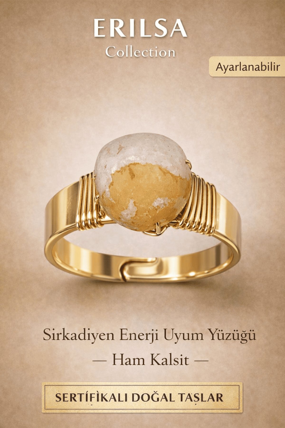 Sertifikalı Ham Kalsit Doğal Taş Yüzük – Sirkadiyen Enerji Uyum Yüzüğü Ayarlanabilir