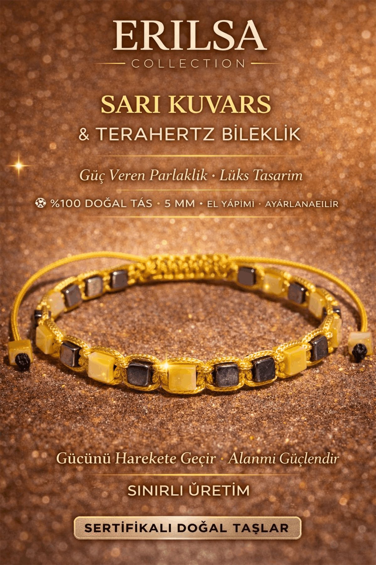 Sertifikalı Sarı Kuvars Taşı Bileklik - 5 mm Küp Kesim Terahertz Doğal Taş Ayarlanabilir