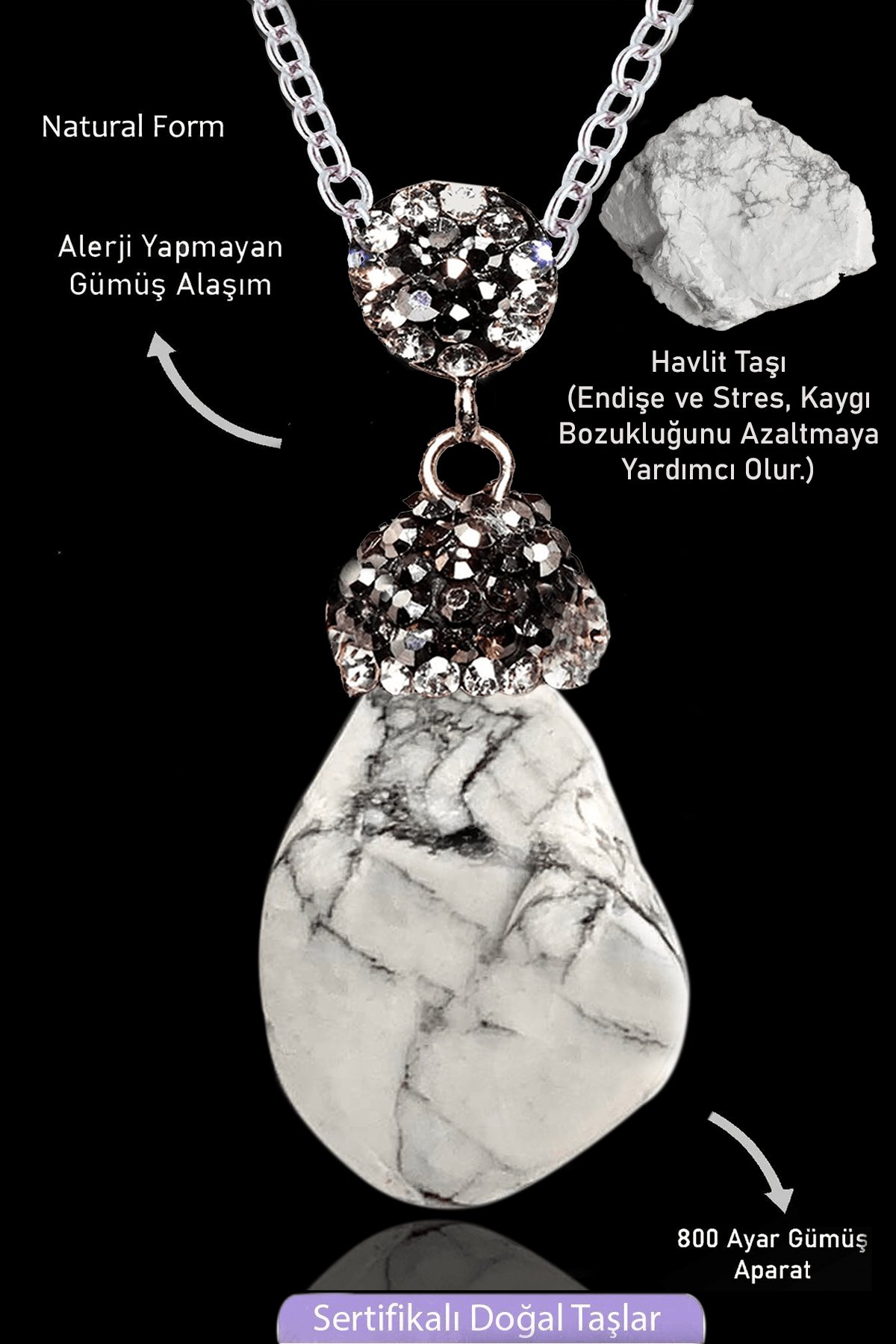 Sertifikalı Zirkon Taşlı Model Ham Havlit Taşı Kolye