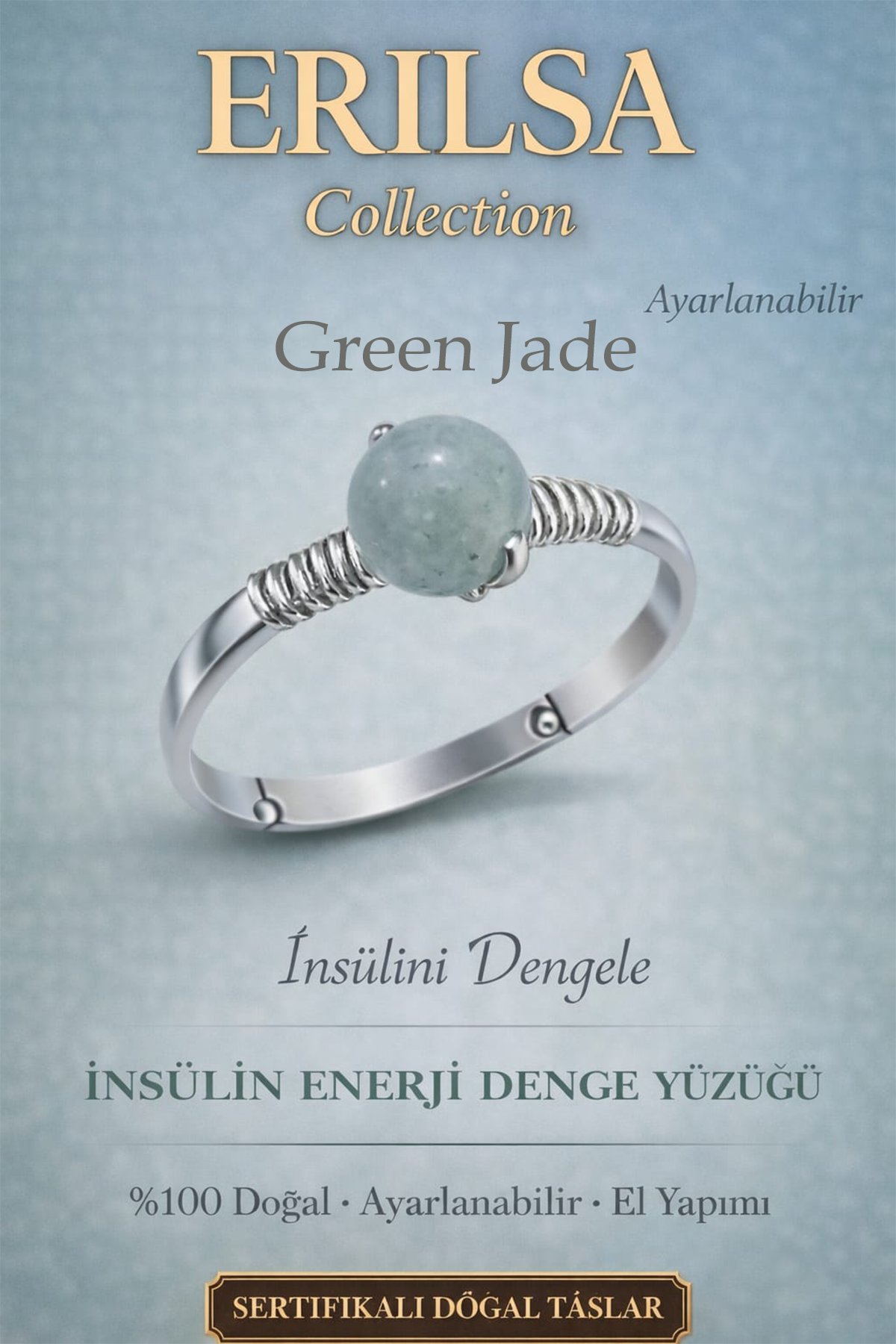 Sertifikalı İnsülin Enerji Denge Yüzüğü – Yeşim Taşı (Green Jade) Ayarlamalı İnce Başak Boğa Oğlak