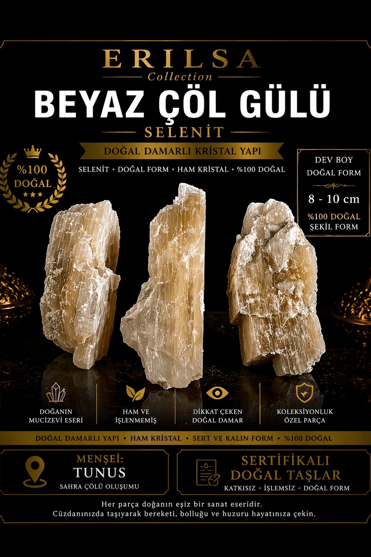 Sertifikalı Beyaz Çöl Gülü Selenit Taşı Kütle 8-10 cm Dev Boy Doğal Damarlı Ham Kristal