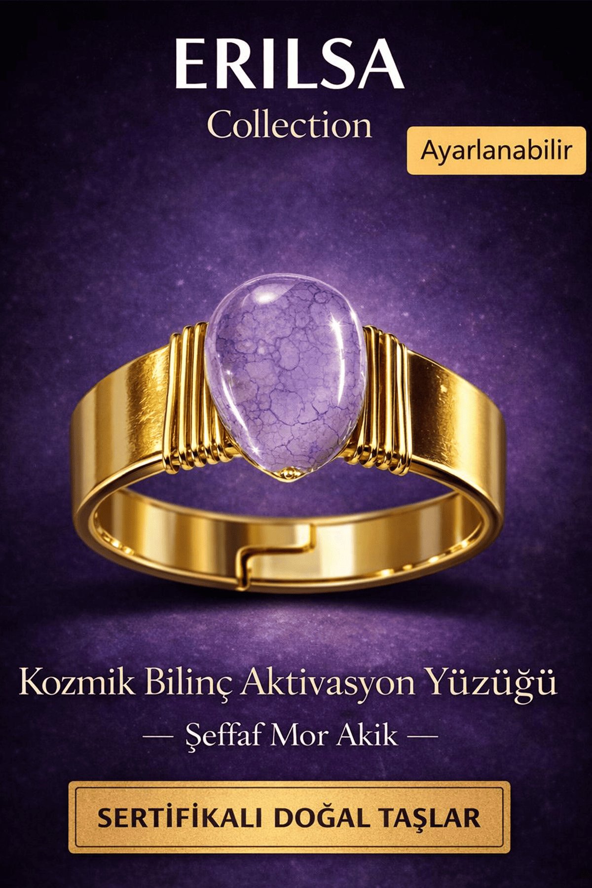 Sertifikalı Şeffaf Mor Akik Doğal Taş Yüzük – Kozmik Bilinç Aktivasyon Ayarlanabilir