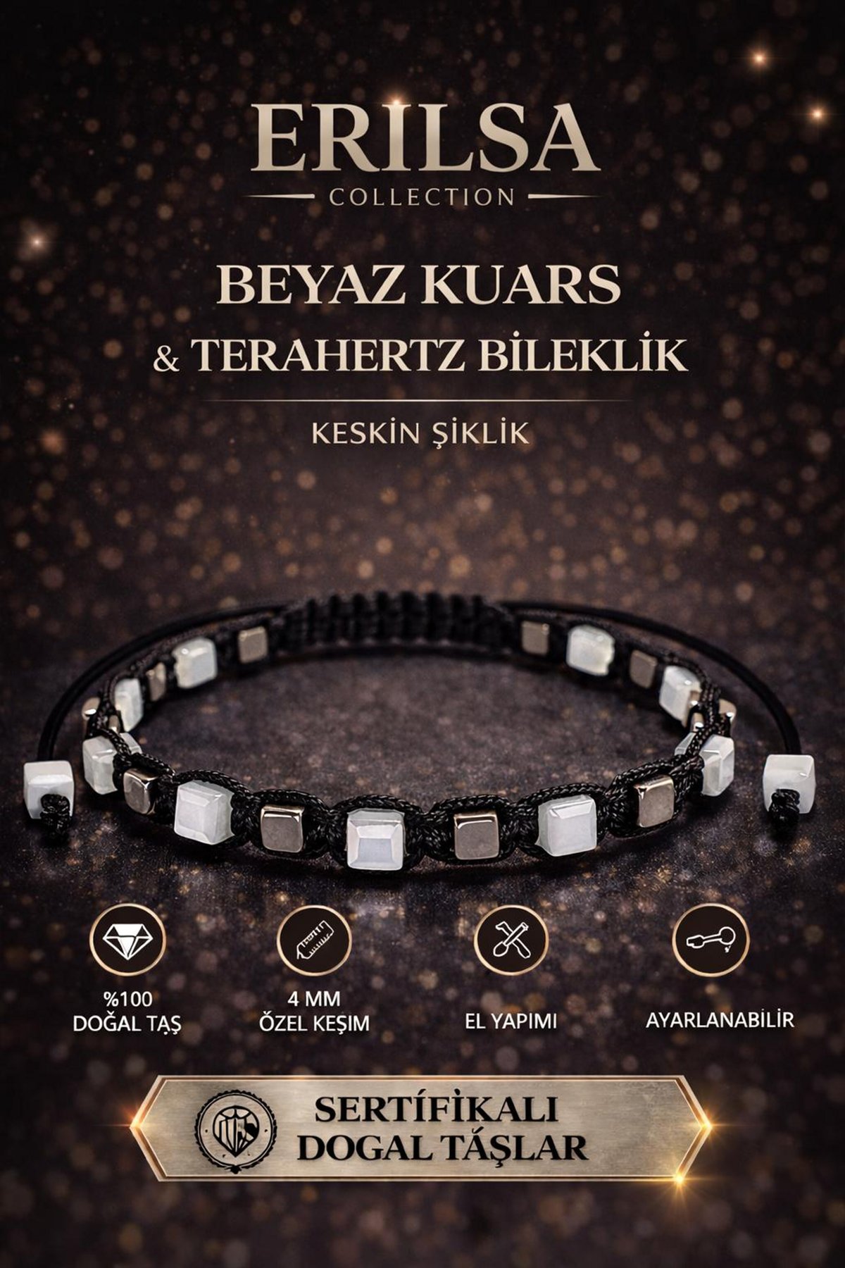 Sertifikalı Beyaz Kuvars Terahertz Bileklik - 4 MM Küp Kesim – Doğal Taş El Yapımı Ayarlanabilir