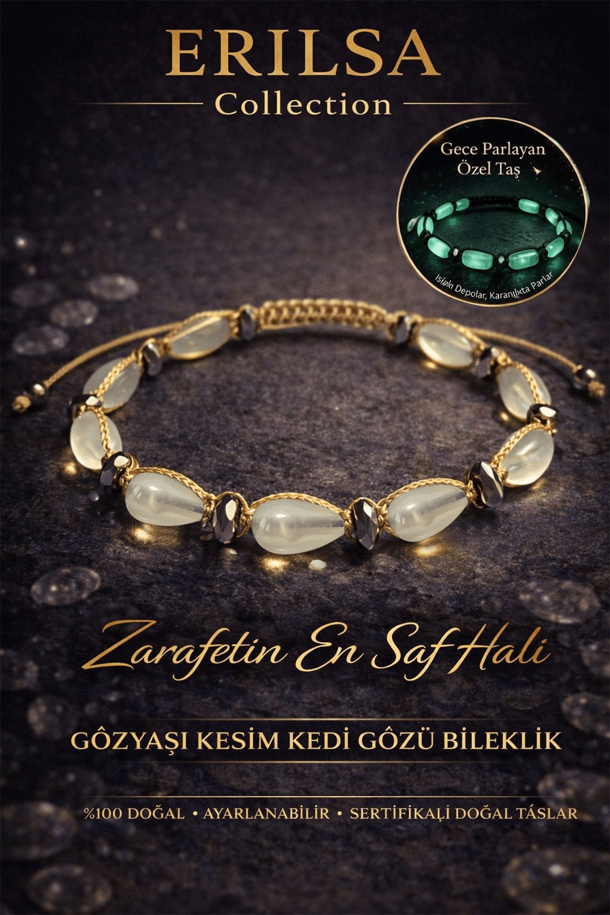 Sertifikalı Kedi Gözü Bileklik - 9mm Gözyaşı Fosforlu Gece Parlayan Akrilik Kehribar Makrome