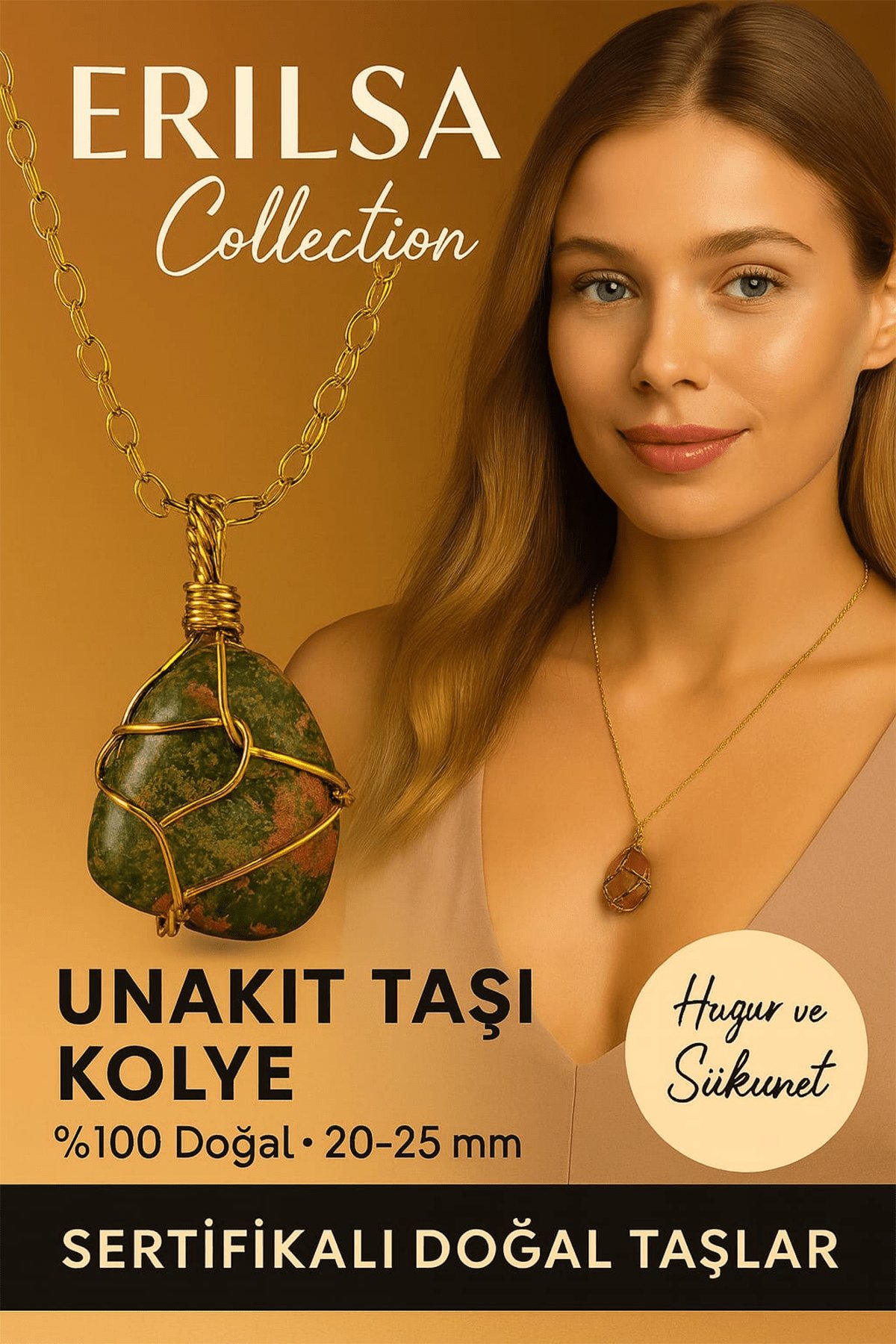 Sertifikalı Gold Tel Sargılı Doğal Unakit Taşı Kolye – Altın Kaplama Huzur ve Sükunet Taşı