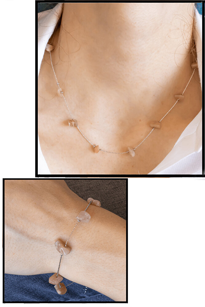 Sertifikalı Gümüş Güneş Taşlı Doğal Taş Kolye Bileklik Seti