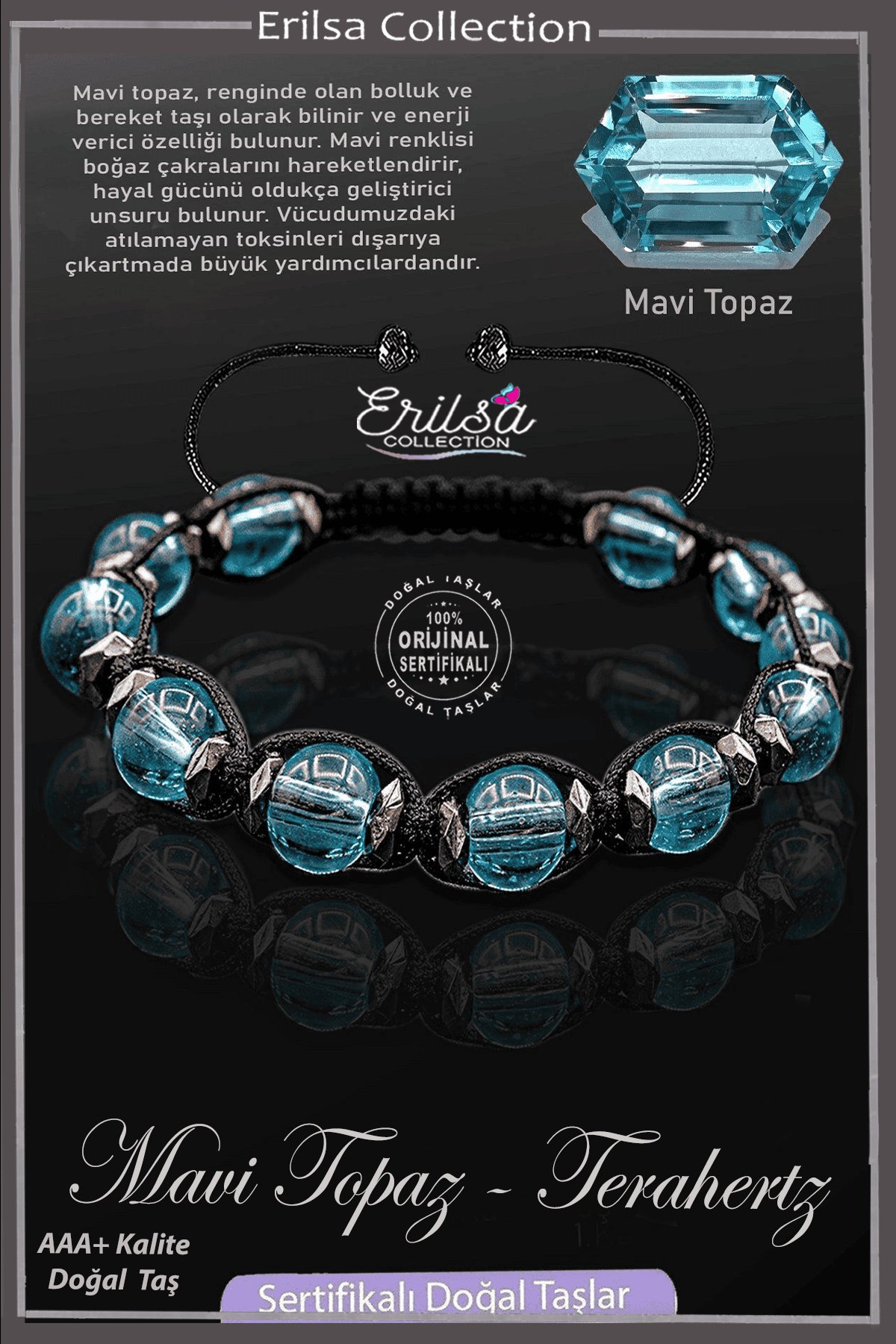 Sertifikalı Terahertz - Mavi Topaz Taşı Bileklik - Ayarlamalı