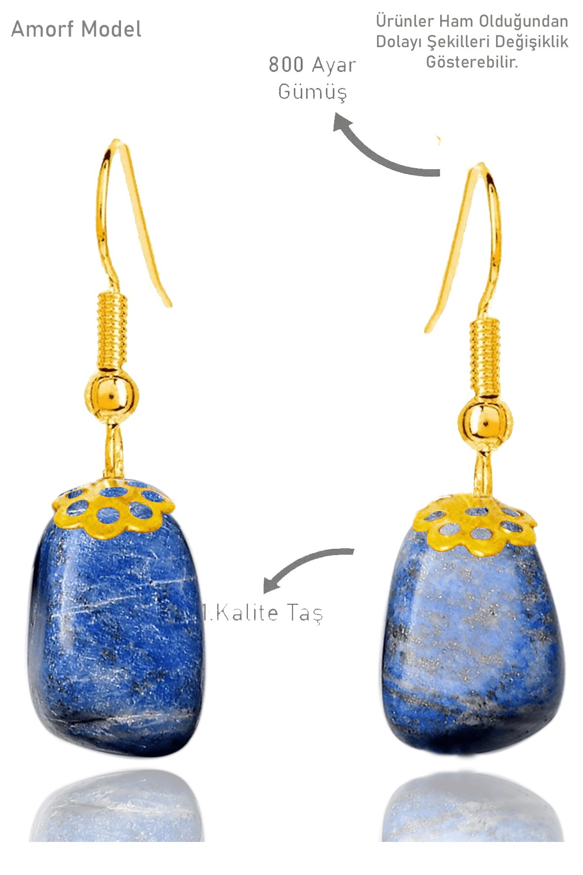 Sertifikalı Amorf Model Ham Sodalit Taşı Küpe - Gold Renkli