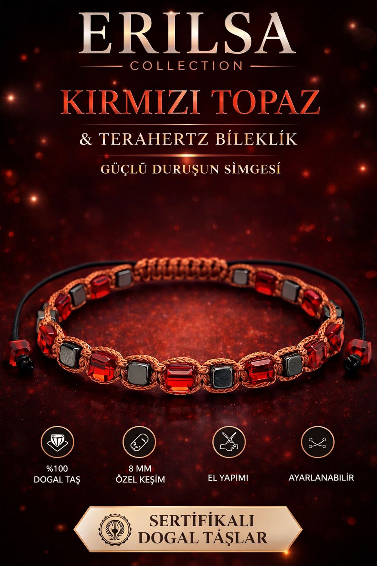 Sertifikalı Kırmızı Topaz Terahertz Bileklik 4 MM – El Yapımı Ayarlanabilir Lüks Tasarım Doğal Taş