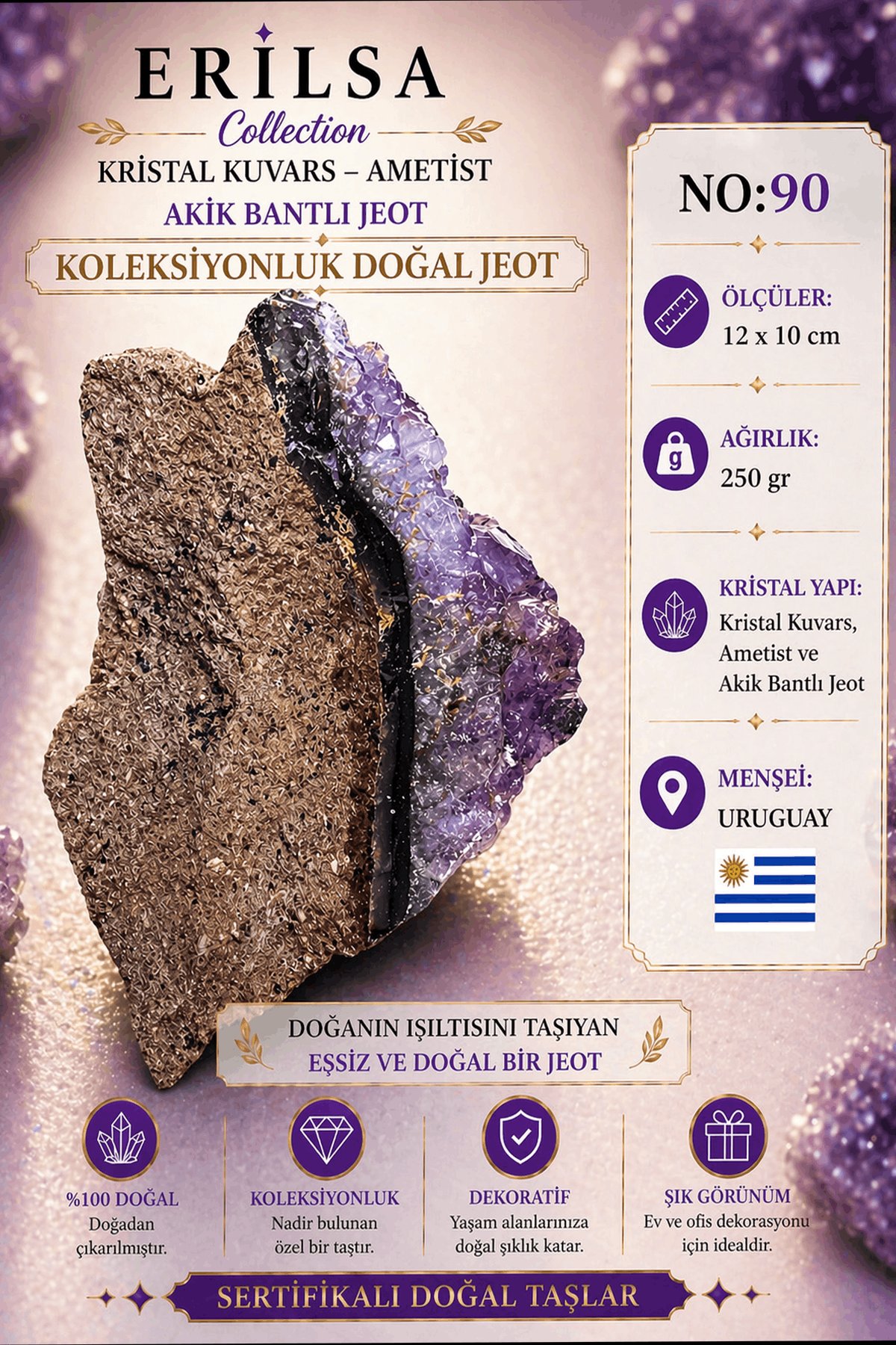 Sertifikalı Kristal Kuvars Ametist Akik Bantlı Jeot Doğal Taş Koleksiyonluk Dekoratif 12x10 cm NO90