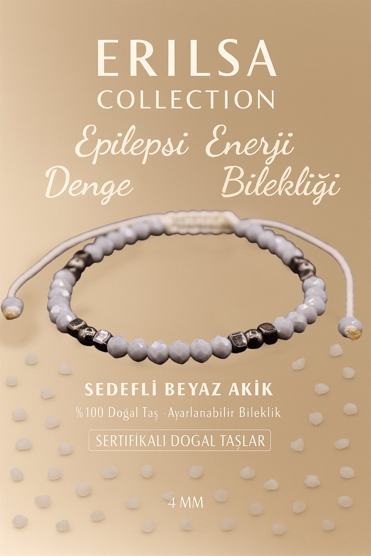 Sertifikalı Epilepsi Denge Enerji Bilekliği - Sedefli Beyaz Akik ve Terahertz Doğal Taş 4 mm