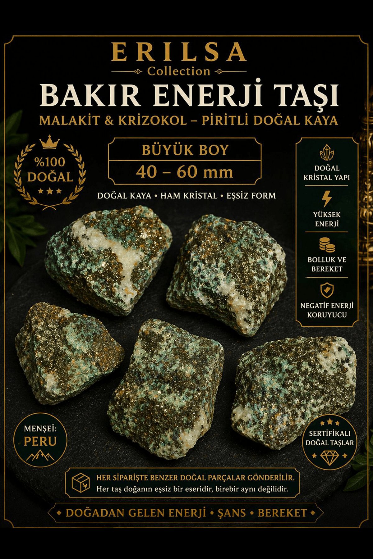 Sertifikalı Bakır Enerji Taşı Kütle - Malakit Krizokol Piritli Doğal Kaya 60-80 mm Büyük Boy