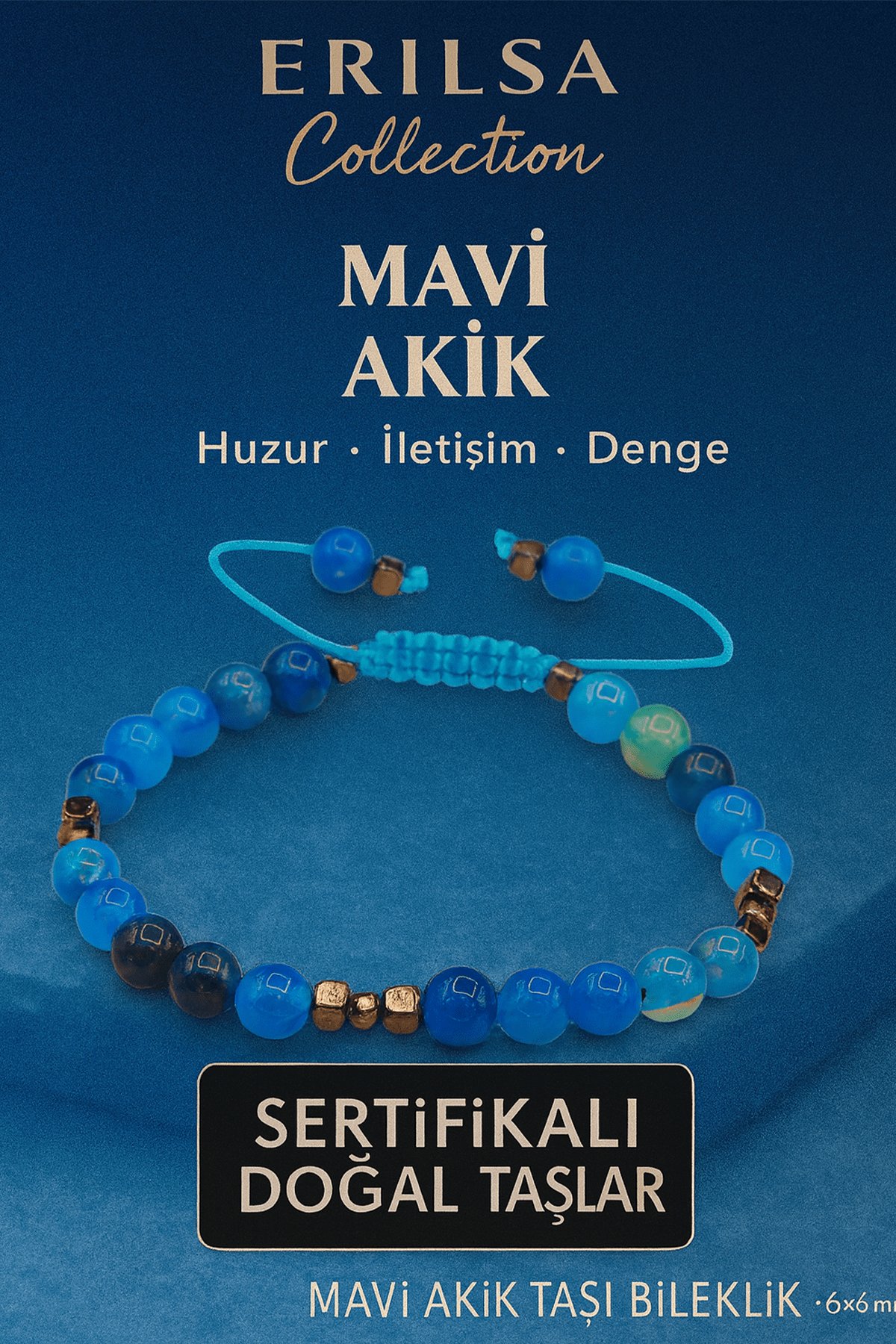 Sertifikalı Doğal Terahertz Mavi Akik Taşı Bileklik 6x6 mm Huzur ve Denge Taşı
