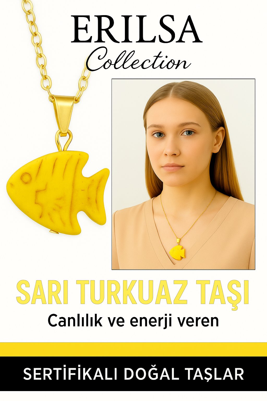 Sertifikalı Sarı Renkli Balık Model Sarı Turkuaz Taşı Kolye – Enerji, Şans ve Ruhsal Koruma Taşı