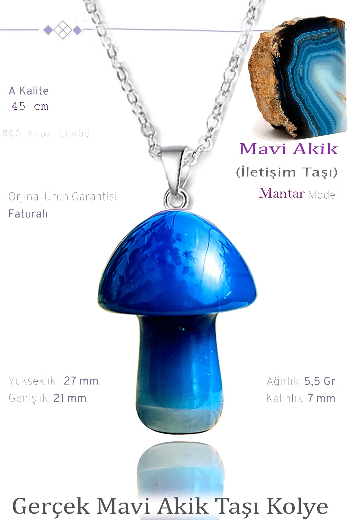 Sertifikalı Mantar Model Mavi Akik Taşı Kolye - Gümüş Aparatlı